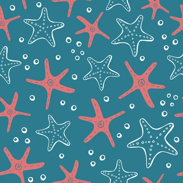 新鮮な創造的な抽象的な海洋のシームレスなパターン サンゴ 海の星 シェルの泡と海の生活背景 繊維と他の印刷のための描画ベクトル図を手します — ストックベクタ