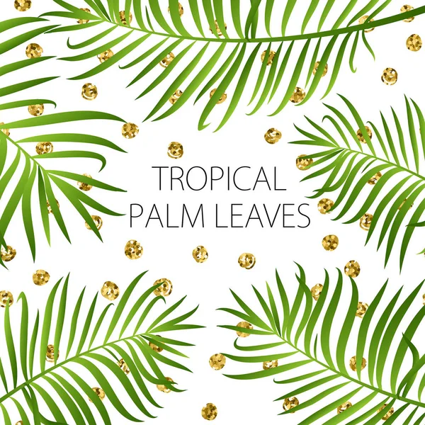 Palmblattvektorhintergrund Grüne Blätter Auf Weißem Hintergrund Mit Goldenen Glitzerpunkten — Stockvektor