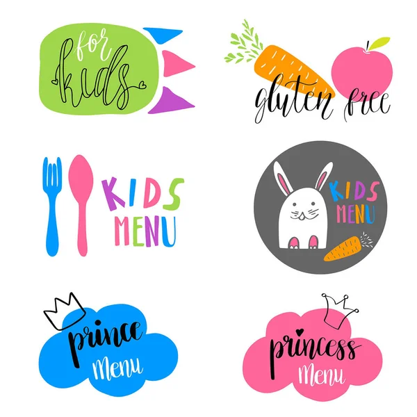 Çocuk Menüsü Logolar Kafe Restoran Için Kümesi Çocuk Bebek Gıda — Stok Vektör