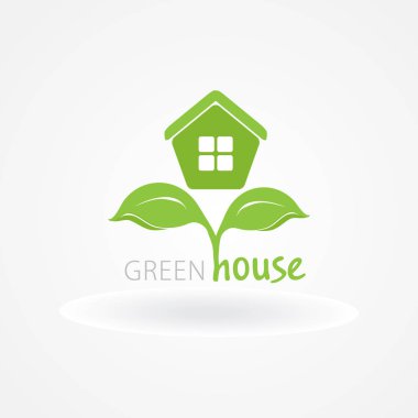 Yeşil yapraklı eko ev. Ev logosu. Ekolojik ev simgesi.