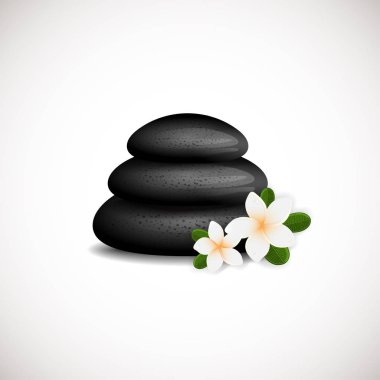 Siyah beyaz frangipani çiçek logo tasarımı Spa taşlarla. Spa, yoga için kullanılabilir, Masaj Merkezi, sağlık, Güzellik Salonu ve ilaç şirketi.