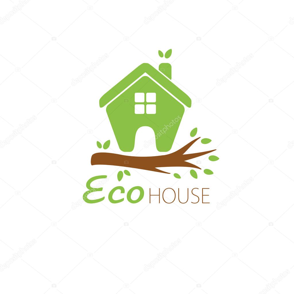 Small green eco house on the tree branch. House logo. Ecological house icon.