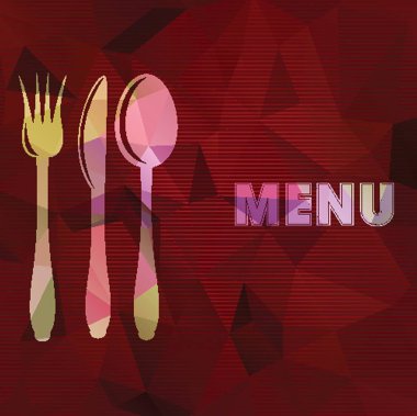 Restoran kartı tasarımının vektör illüstrasyonu. Soyut arka planda kaşık, çatal ve bıçak..