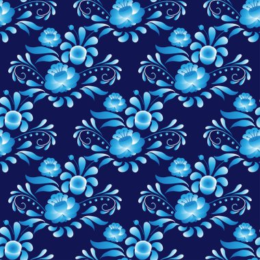 Koyu lacivert ve mavi zerafet içinde Rus tarzı gzhel seamless modeli. Web, baskı, tekstil için etnik vektör arka plan