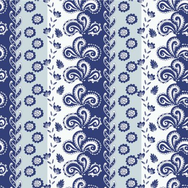Şam ve desenli elemanları ile çizgili seamless modeli. Damasko seamless modeli, paisleys, çizgili, Çingene ve etnik motiflerle bırakır. Beyaz deniz kuvvetleri ve ışık renk mavi.