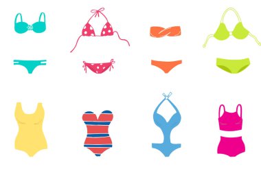 Kadınlar renkli mayo tasarım kümesi. Moda bikini, tankini ve tek parça bikini koleksiyonu. Kadın şık mayo. Düz Plaj giyim iç çamaşırı