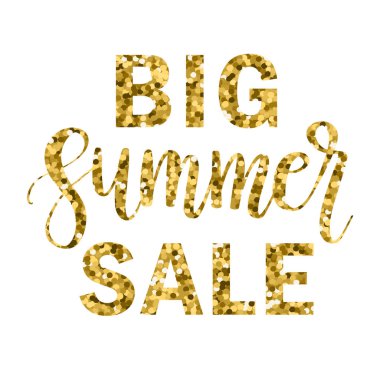 Büyük yaz satış yazıtlar. Soyut vektör el yazısı. Modern fırça calligraphyfrom altın parlak beyaz arka plan üzerinde.