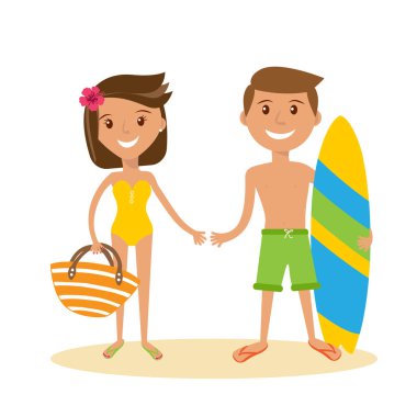 Vektör düz tasarlamak. Yaz plaj tatil, yetişkin çift ayakta. Gülümseyen genç adam ve yüzme takım elbise ve şort plaj çantası ile kadın ve sörf elinde.