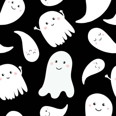 Sevimli küçük çizgi hayaletler ile Seamless modeli. Beyaz siyah arka plan üzerine hayaletler. Cadılar Bayramı illüstrasyon. Kağıt, tekstil, oyun, web tasarım için desen.