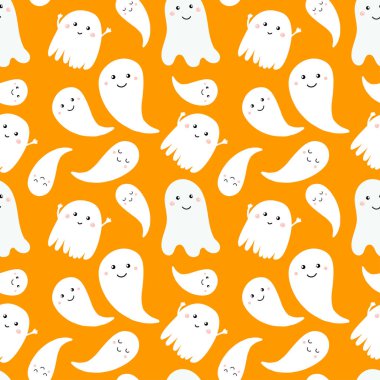 Çizgi filmlerdeki küçük hayaletlerle kusursuz desen. Turuncu arka planda beyaz hayaletler. Cadılar Bayramı illüstrasyonu. Kağıt, tekstil, oyun, web tasarımı için desen.
