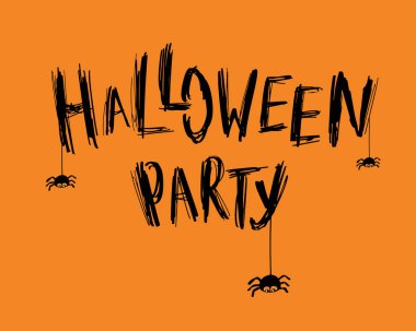 Cadılar Bayramı partisi kartı metin ve turuncu zemin üzerine küçük örümcekler. Cadılar Bayramı poster, davet veya afiş tasarım