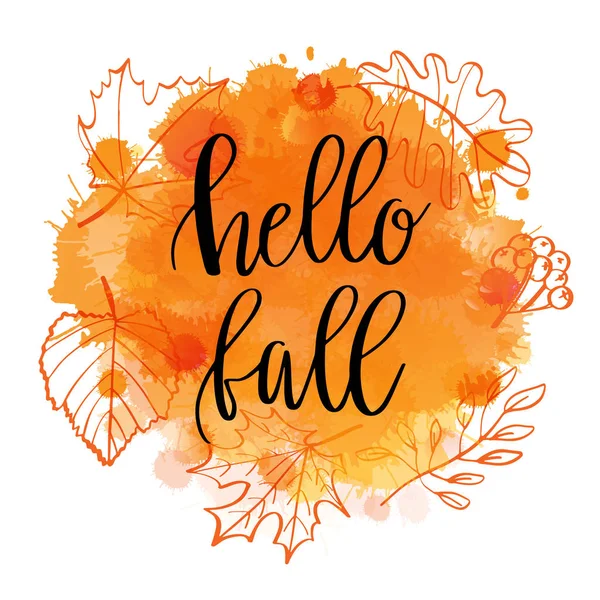 Осенняя Надпись Hello Fall Watercolor Imitation Background Wth Autumn Leaves — стоковый вектор