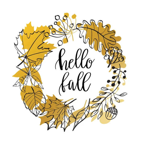 您好秋季刻字文字在秋季符号框 手绘矢量图 花圈与秋天叶子 森林设计元素 — 图库矢量图片