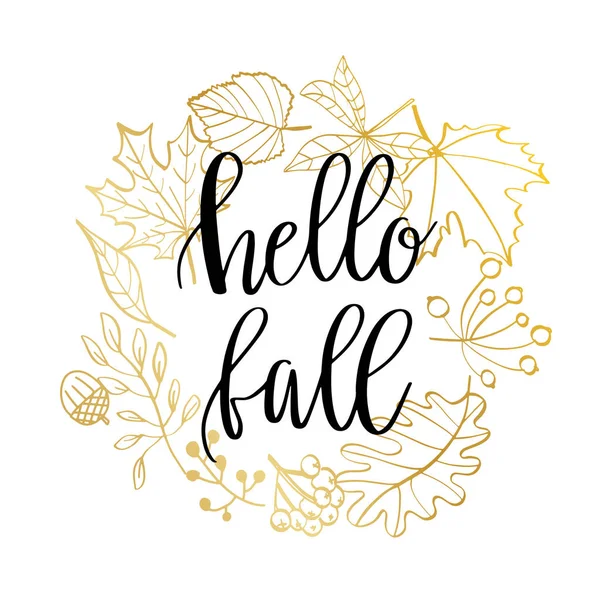こんにちは 秋のシンボルのフレームの秋レタリング テキスト 手には ベクター グラフィックが描画されます 秋の葉の花輪 フォレストの設計要素 — ストックベクタ