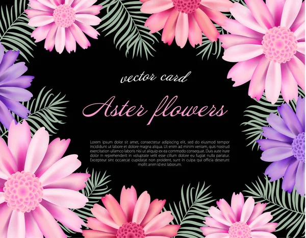 Prachtige Kaart Met Verschillende Kleur Abstracte Aster Dahlia Bloemen Zwarte — Stockvector