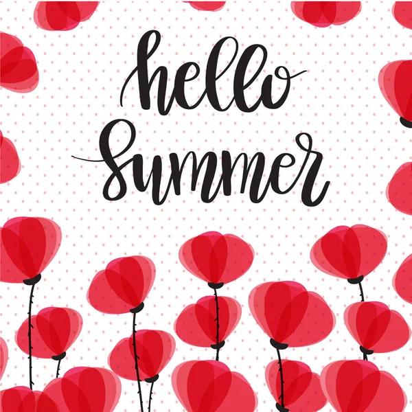 红色罂粟花在波尔卡点背景 向量红色浪漫罂粟花卡片与文字你好夏天 — 图库矢量图片
