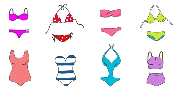 Women Colorful Swimsuit Design Set Fashion Bikini Tankini Monokini Collection — Stock Vector