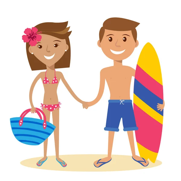 ベクトル フラットなデザイン イラスト 夏休みビーチに立っている大人のカップル笑顔の若い男と水着とビーチ バッグ付きショート パンツの女は 手の中でサーフボード — ストックベクタ