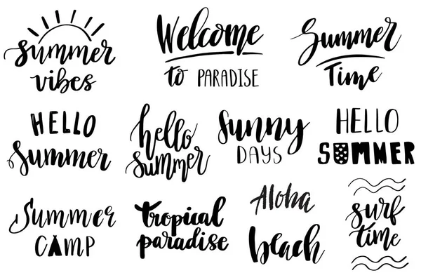 Set Hand Drawn Summer Theme Lettering Phrases Modern Calligraphy Quotes — Stock Vector