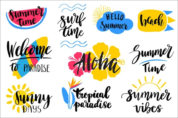 Set Hand Drawn Summer Theme Lettering Phrases Modern Calligraphy Quotes — Stock Vector