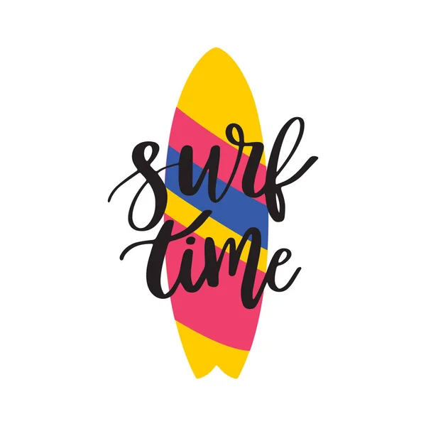 Gestreepte Surfen Met Handgetekende Letters Het Bord Surf Tijd — Stockvector