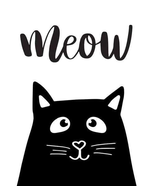 Testa Nera Gatto Carino Con Scritta Mano Meow Sfondo Bianco — Vettoriale Stock