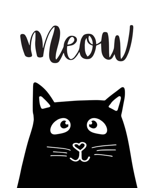 Black head of Cute Cat with hand lettering word Meow on white background. Vector illustration. Cute animal icon. Kitty silhouette.