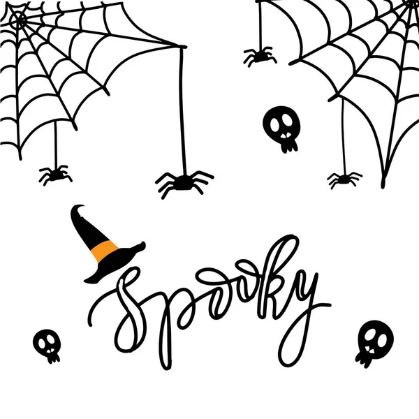 Cute Pająków Sieci Web Pomarańczowym Tle Tekstem Spooky Happy Halloween — Wektor stockowy