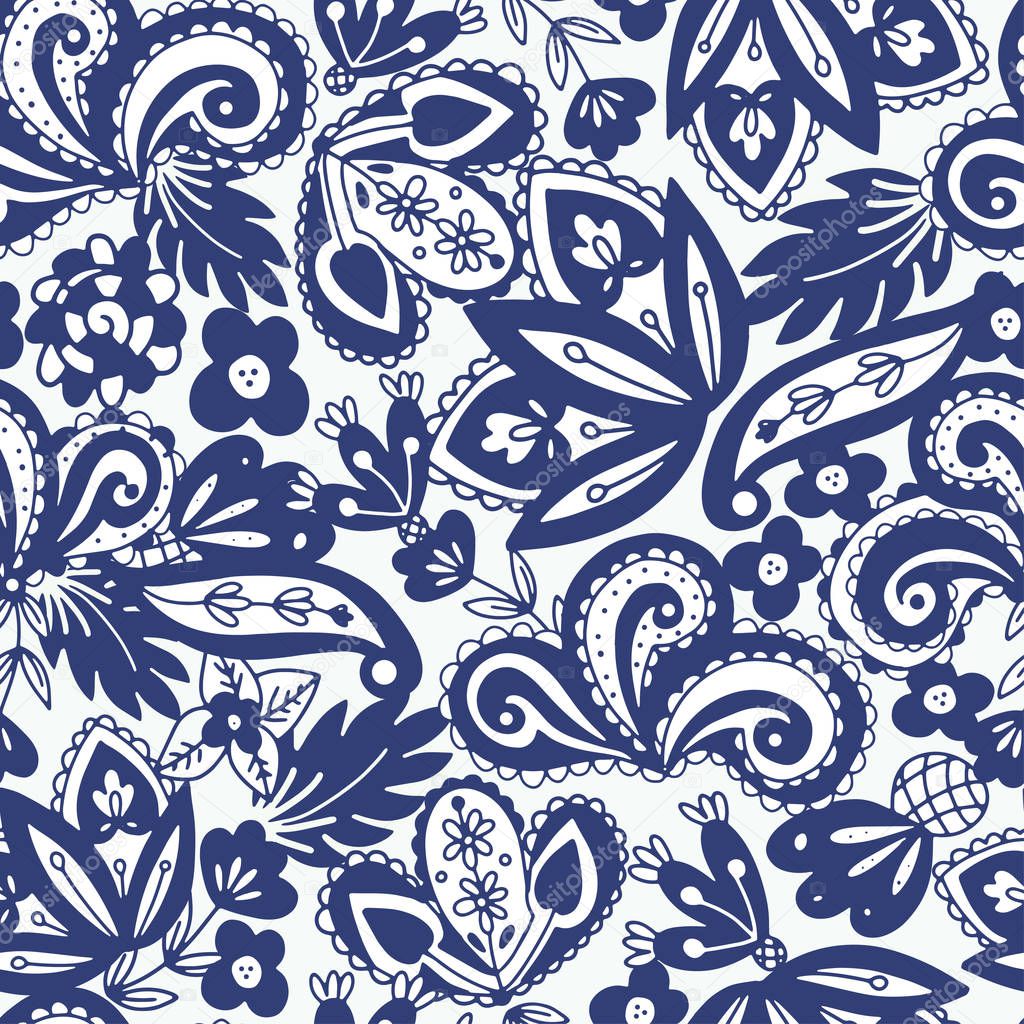 Blue and white ethnic seamless pattern in paisley style. Damask or tribal print design for web, textile, wallpapers and more