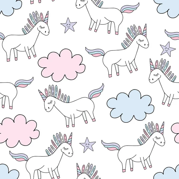 Magia lindo fondo unicornio con estrellas. Patrón sin costura vectorial — Vector de stock
