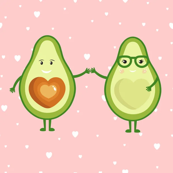 Симпатичная мультяшная парочка авокадо, держащаяся за руки, поздравительная открытка на день Святого Валентина. Любовь авокадо с векторной иллюстрацией сердец . — стоковый вектор