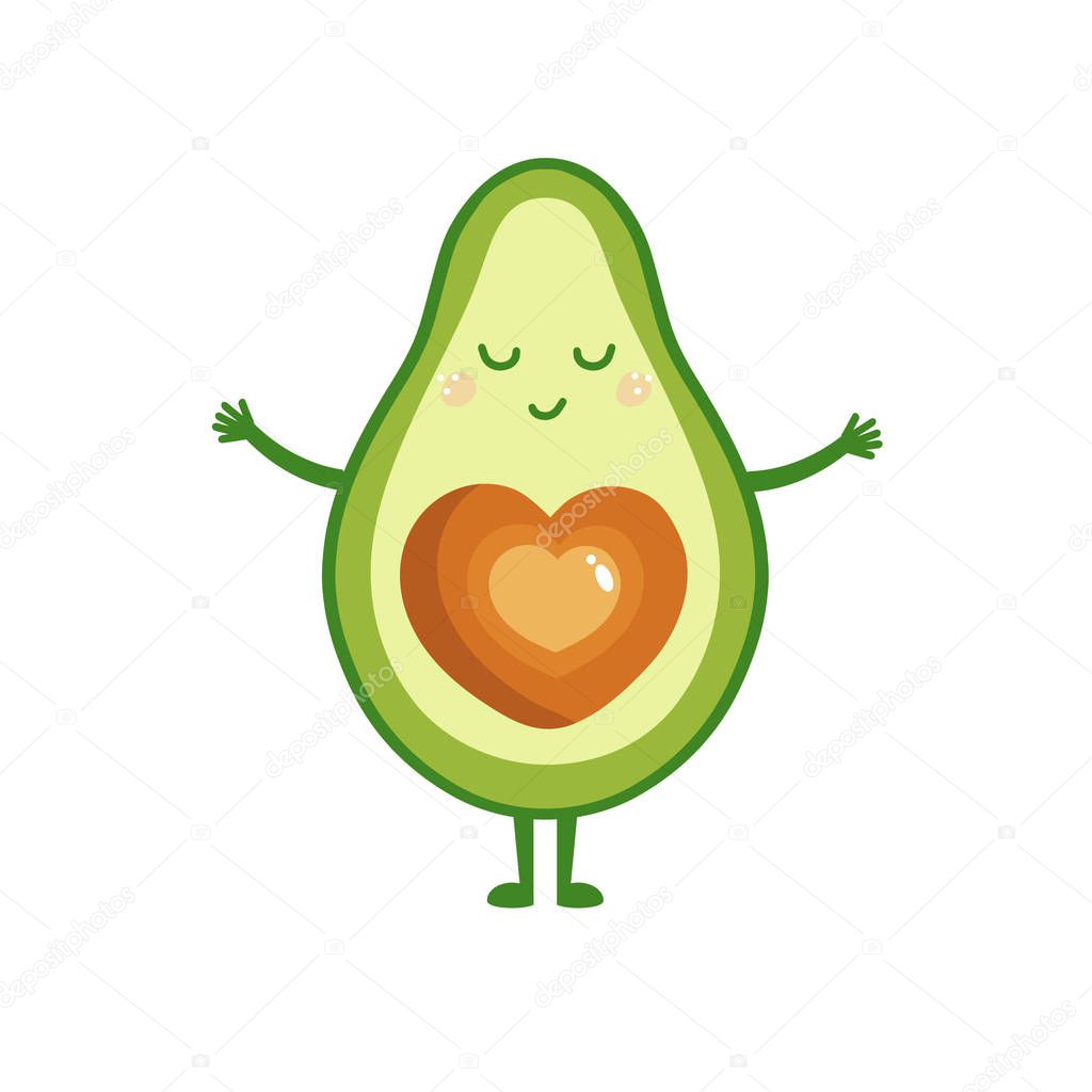 Cute cartoon avocado want to hugs, greeting card. Avocado in love. Vector illustration