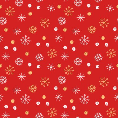 Vektör Dikişsiz desen arka plan. Altın ve beyaz kar taneleri ve kartopu kırmızı zemin üzerine kış. Moda, tekstil, scrapbooking, duvar kağıdı ve dekorasyon projeleri için kullanılabilir.