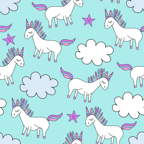 Vector Cute Unicorn Silhoette Stars Clouds Girly Seamless Pattern Textile — Stock Vector