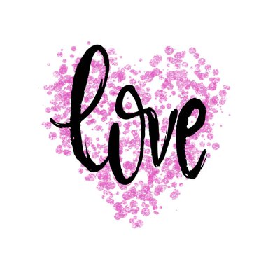 El çekilmiş aşk rozet, poster, afiş, kutsal kişilerin resmi. Sevgililer günü kartı davetiye tasarım. Romantik teklif vektör tipografi pembe glitter kalp arka plan üzerinde yazı. Hat ifade