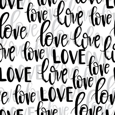 El romantik tipografi tasarımı çekilmiş. Wiyh siyah ve gri kelime aşk beyaz arka planda kesintisiz yazı vektör arka plan.