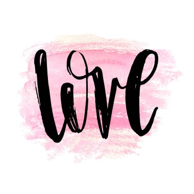 El çekilmiş aşk rozet, poster, afiş, kutsal kişilerin resmi. Sevgililer günü kartı davetiye tasarım. Romantik teklif vektör tipografi pembe suluboya spotbackground üzerinde yazı. Hat ifade