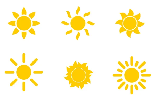 Sada Žluté Ikony Slunce Izolované Bílém Pozadí Podle Předpovědi Ikonu — Stockový vektor