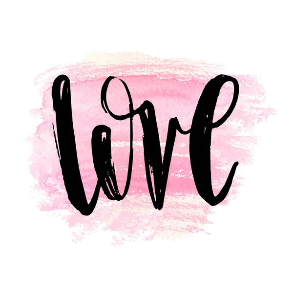 El çekilmiş aşk rozet, poster, afiş, kutsal kişilerin resmi. Sevgililer günü kartı davetiye tasarım. Romantik teklif vektör tipografi pembe suluboya spotbackground üzerinde yazı. Hat ifade