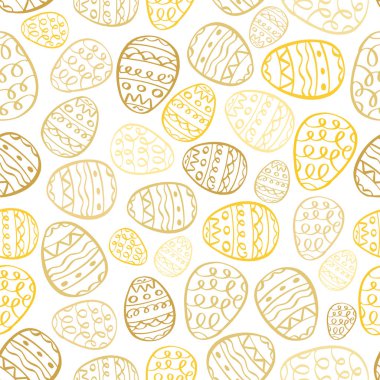 Mutlu Paskalya arka plan vektör. Bwhite karikatür altın yumurta baskı tasarımı doodle. Tatil el çekilmiş seamless modeli