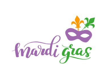 Mardi Gras ifade yazı. Royal Lily öğesi, karnaval maskesi ve florishes ile vektör tatil Banner tasarımları.