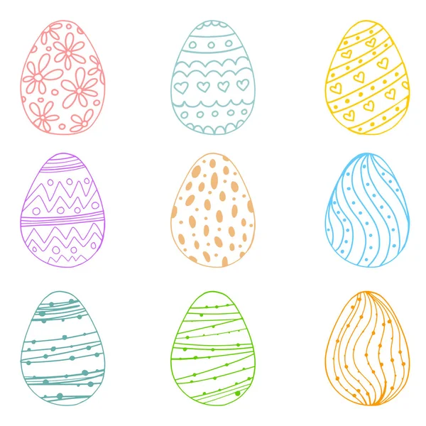柔和的春天颜色涂鸦蛋的向量例证与手绘装饰品为复活节假日设计查出在白色背景 横幅设计 — 图库矢量图片