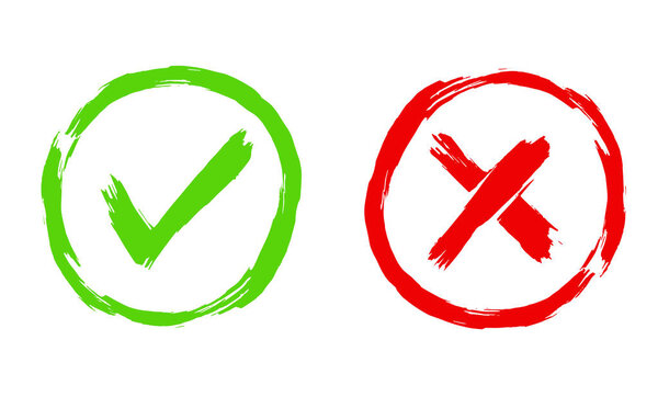 Кисть окрашены клещи и крест знаки. ДА и НЕТ за голосование по кругу. Векторная иллюстрация зеленых и красных символов на белом фоне
