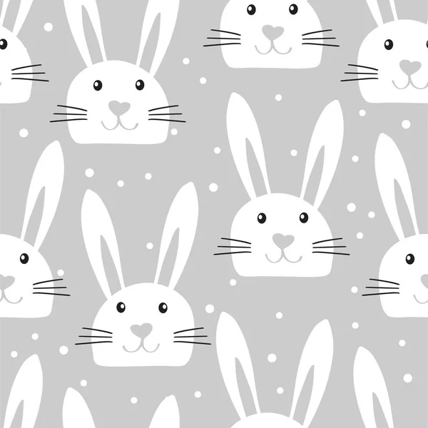 イースターのバニーの背景 ウサギとかわいいシームレス パターンに灰色の背景で幼稚なスタイルで直面しています ベクトル イラスト カード お茶の塔 — ストックベクタ