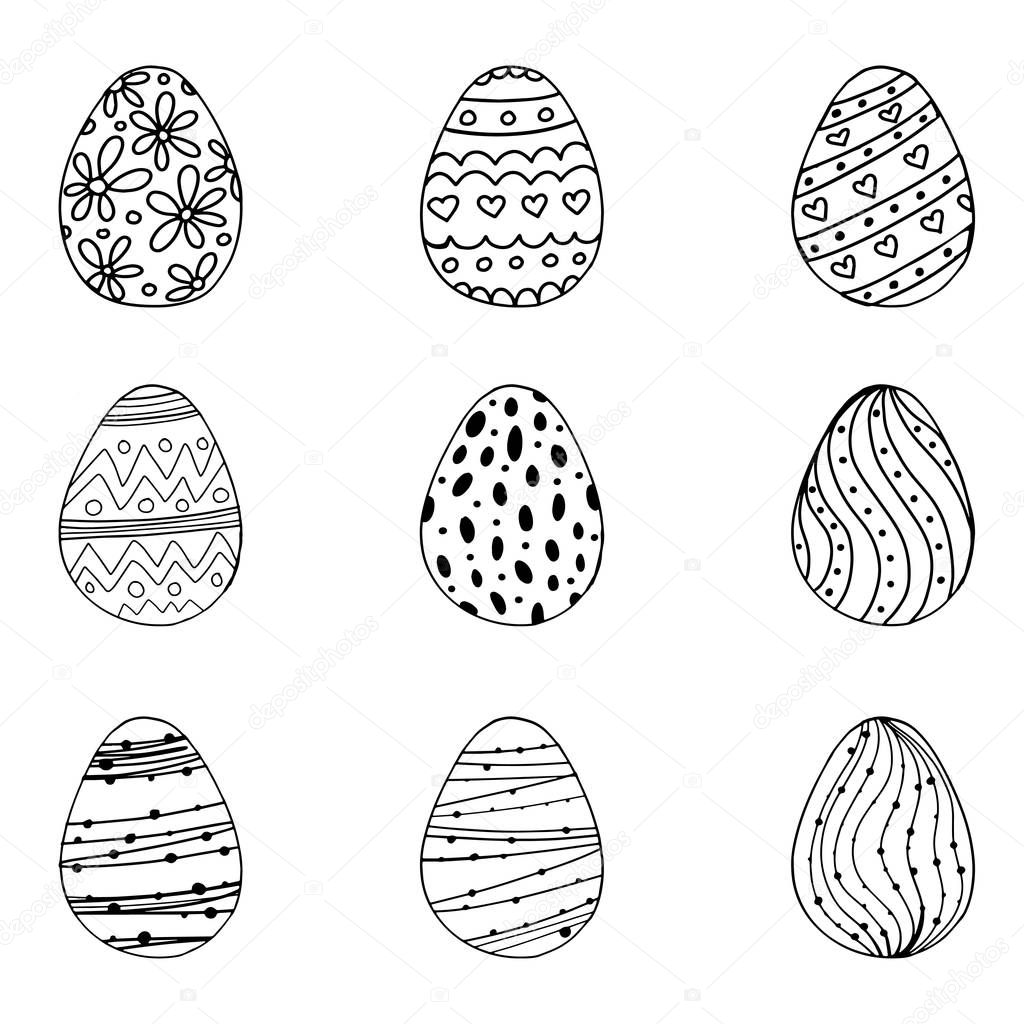 Vector illustration of black doodle egg with handdrawn ornament for Easter holidays design isolated on white background. Greeting card, invitation, poster, banner design