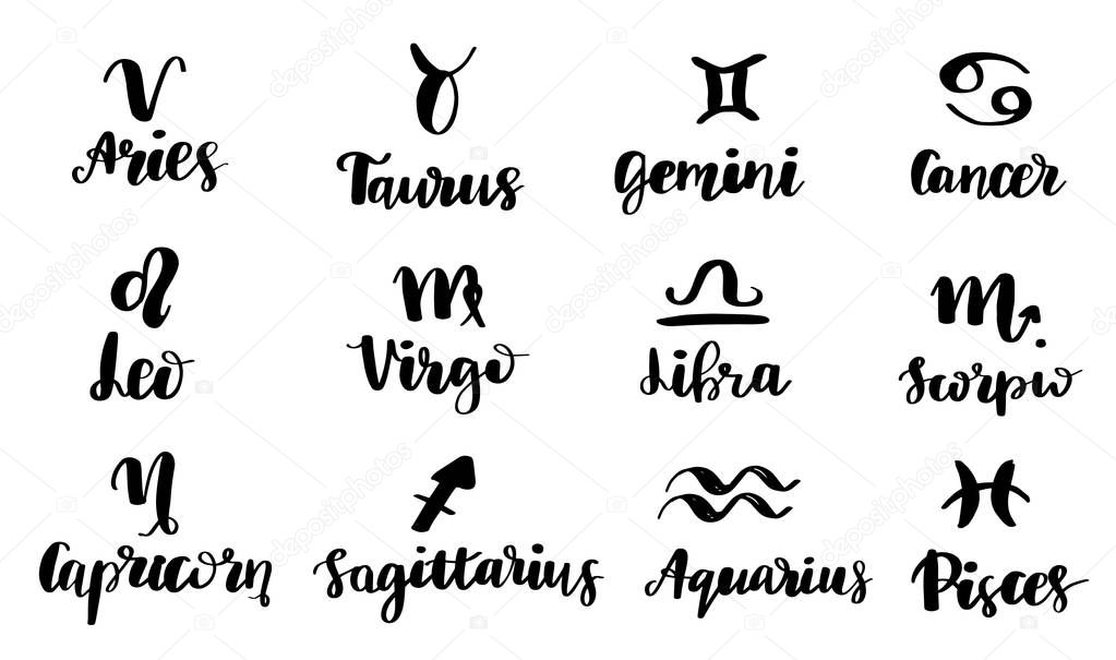 12 Zodiac Signs. Symbol and Logo Lettering. Black Calligraphy on White Background. Vector Hand Drawn Design For Horoscope and Calendar.