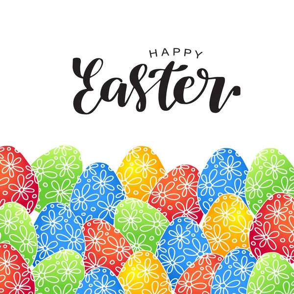 Happy Easter Lettering Card Bright Colorful Eggs Vector Illustration Greeting — Stock Vector