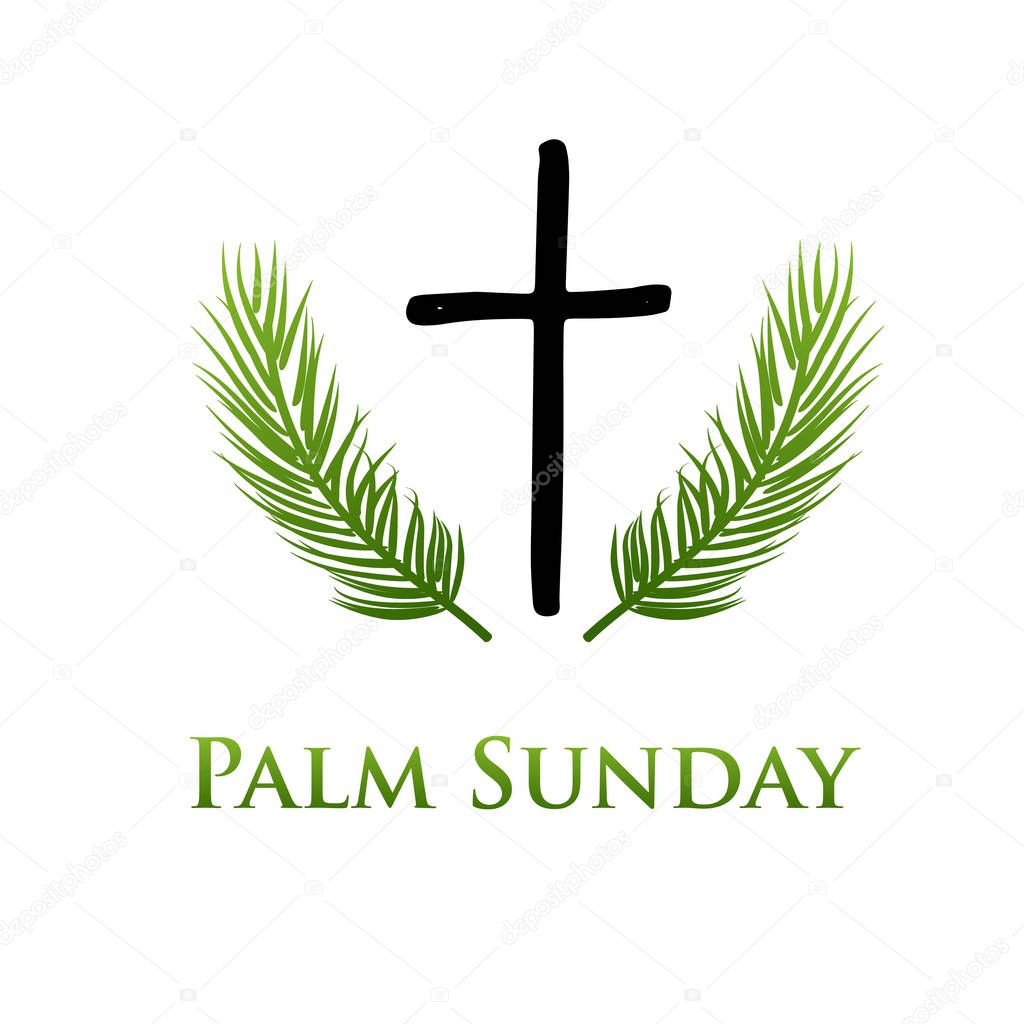 Green Palm leafs vector icon. Vector illustration for the Christian holiday. Palm Sunday handwritten phrase. Calligraphy quote on white background