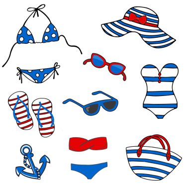 Çizgili mavi, beyaz ve kırmızı aksesuarlar deniz tarzı plaj. Kadın yaz bikini mayo, şapka, Ayakkabı, çanta, güneş gözlüğü, flip flop, şapka,