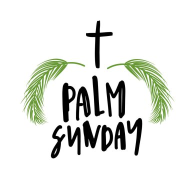 Vektör simge yeşil palmiye yaprakları. Vektör çizim Hıristiyan tatil için. Palm Pazar el yazısı ifade. Beyaz arka plan üzerinde hat alıntı